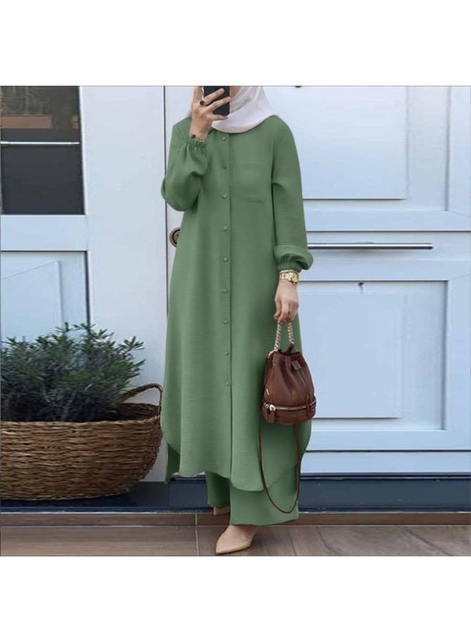 رويس طقم نسائي مكون من قطعتين بتصميم عربي إسلامي، مزود بجيوب، مناسب لفصلي الربيع والخريف، قميص بأكمام طويلة وبنطال، عصري وعملي، بخصر مطاطي وأزرار أمامية، لون أخضر - Image 1